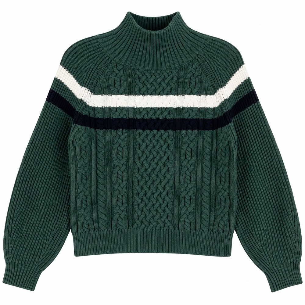 Maeve Anthropologie Forest Green Cable Knit Balloon Sleeve Mock Neck Sweater S